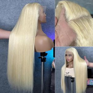 Blond 13x6 HD transparent spets främre mänskliga hår peruker brasiliansk rak 30 32 tum 613 13x4 frontal peruk för kvinnor