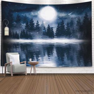 Tapestries Psychedelic Moonlight Night Sky Tapestry Full Moon Natural Scenery Wall Hanging Magic View Tapestries Bedroom Wall Decor Cloth R230810