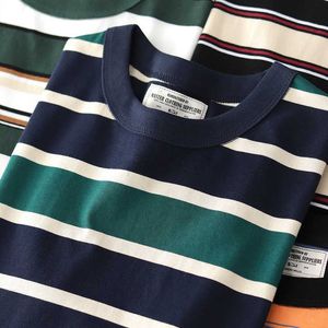 Summer Stripe T-Shirt Erkek ve Kadınlar Klasik Street Giyim Moda Ins Trend Vintage O-Neck Pamuk Gençlik Çift Kısa Kollu Üstler