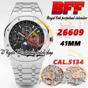 BFF BF26609 komplicerad funktion Cal.5134 A5134 Automatisk herrklocka 41mm månfas svart texturerad urtavla Markers rostfritt stål armband evighet klockor