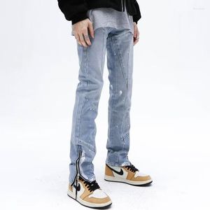 Mäns jeans män mode high street löst raka byxor 2023 blixtlås slits dold spänne hip hop kläder 5009