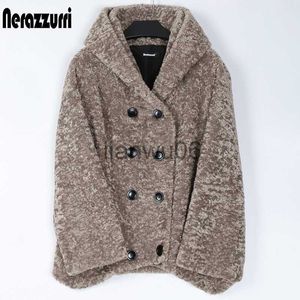 Women's Jackets Nerazzurri Winter Soft Warm Faux Fur Coat Women with Hood Raglan Sleeve Double Breasted Karakul Lamb Fur Jacket Women 2021 7xl J230810