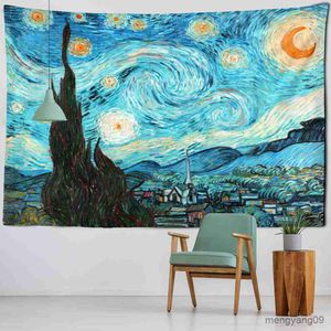 Tapestries Van Gogh Starry Moon Night Tapestry In The Fields Landscape Oil Painting Living Room Home Background Hanging Cloth Wall Decor R230810