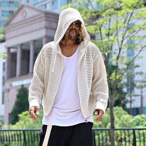 Mens Hoodies Sweatshirts Apricot Black Knitted Hollow Out Oversized Sun Protection Summer Long Sleeve Men Shirt Zipper Hooded Korean Fashion Harajuku Top 230809