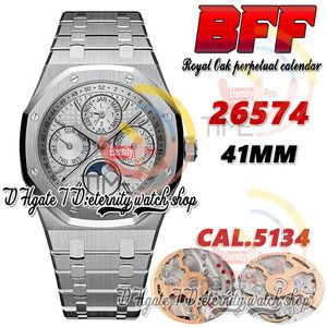 BFF BF26574 Skomplikowana funkcja Cal.5134 A5134 Automatyczna męska zegarek 41 mm Faza Księżyca Białe teksturowane markery kijowe stali nierdzewne Bransoletka wieczna