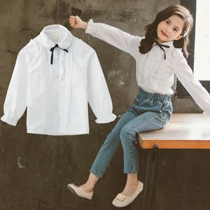 Kids Shirts Sweet Girls Long Sleeve Bow Tied Shirt with Ruffle Detail In White Girls Blouse Toddler Girl Clothes 230810