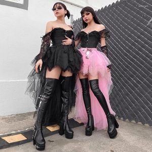 Skirts Gothic Fluffy Mesh Black Trailing High Low Skirt For Women Waisted Y2K Slim Fitting Cosplay Outfit Birthday Po Shoot