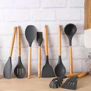 Cooking Utensils 1PC Silicone Wood Soup Spoon Spatula Brush Scraper Grey Oil Kitchen Tools Kitchenware Cookware 230809