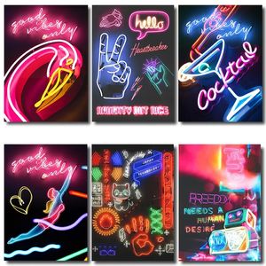 Neon City Lights Canvas Malowanie Neon Street Light Sign Plakaty i druki ścienne sztuka nordycka Picture Cuadros Home Cafe Cafe Decor Brak ramki WO6