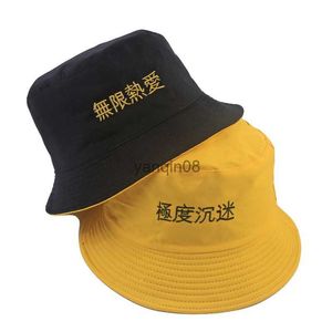 Breite Krempeln Hüte Eimer Hüte Männer Frauen Sommerliebhaber flache Eimer -Mütze Unisex Chinesische Wörter Stickhut Hip Hop Fischereifischer Hip Hop Hut Q1 HKD230810