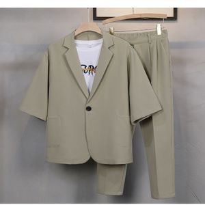 Men's Suits Blazers Summer Fashion Men's Suit Short Sleeve Shirt Pants Light and Thin Solid Linen 2-Piece Leisure Business Wedding Travel Men Homme 230809