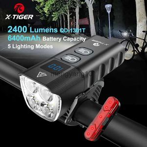 Cykelbelysning X-Tiger Front Light Bicycle Lamp USB Laddningsbara LED-ficklampor 2400 Lumens 6400 mAh utomhusbergcykel strålkastare HKD230810