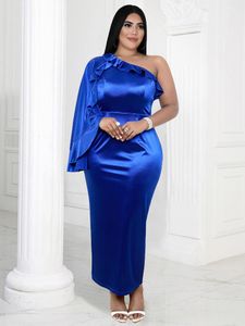 Plus Size Dresses Blue One Shoulder Dress Women Long Sleeve Empire Bodycon Satin Pencil Ankle Length Birthday Evening Party Outfits 4XL