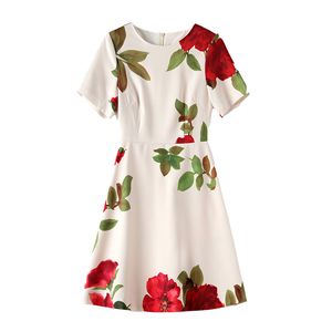 2023 Summer Apricot Floral Print Paneled Dress Kort ärm Runda nackknäslängd Casual Dresses W3Q014306
