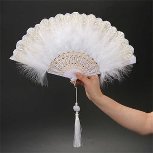 Produkty w stylu chińskiego lolita białe pióro składane wachlarz słodki klasyczny czarny fan fan ślubnego tańca