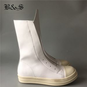 Boots BLACK STREET real picture Full White genuine leather zip flat trainer men Handmade long tongue Hip Hop punk 230810