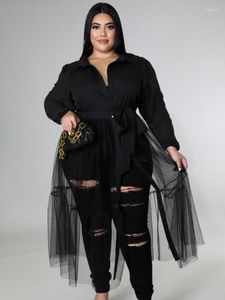 Plus Size Dresses Simple Fashion For Women Gauze Patchwork Lace Up Sheer Mid-calf Evening Sexy Club Vestidos Summer Outfit 2023