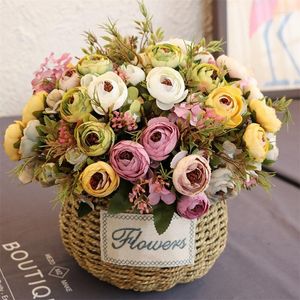 Dekorativa blommor konstgjorda te rose bukett för hemfest bröllop dekoration europeisk vintage arrangemang falska sidenblomma