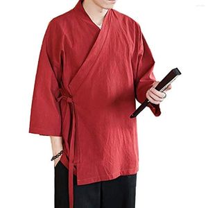 Etniska kläder Mäns kinesisk stil linnekardiganjacka Lossa kimono fast färg självband Hanfu traditionell 5xl