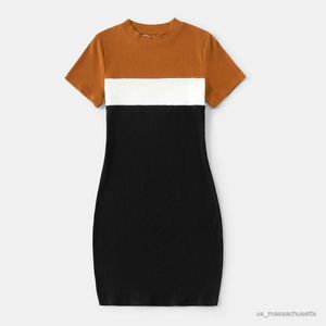 Family Matching Outfits Family Matching Outfits Cotton Short-sleeve Colorblock Knit Mock Neck Bodycon Dresses and Tops Short-sleeve Tee Sets R230810