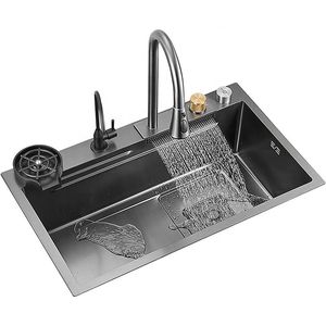 Waterfall Kitchen Sink Stainless Steel Sinks Big Single Bowl with Dish Rack Under Mount Sinks 75x46cm