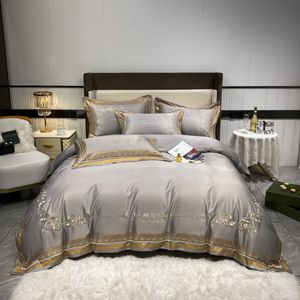 Gold silver coffee Embroidery luxury bedding set queen king size stain bedclothes bed linens 4pcs cotton silk duvet cover sets bed243j