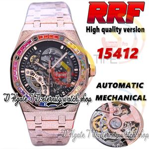 2023 RRF ZX15412 Automatyczna mechaniczna męska zegarek Rainbow t Diamonds Bezel Rose Gold Case szkielet podwójna równowaga mrozowa bransoletka rzemieślnicza