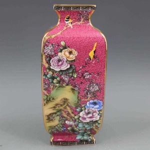 清王朝Qianlongエナメル塗装金の花と鳥の四角い花瓶の家の家具アンティーク磁器コレクションhkd230823