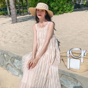 Casual Dresses Summer Simple Spaghetti Strap Dress Women Pink Sweet Holiday Style Sleeveless Female Boho Robe Femme Elegant