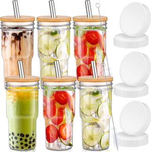 reusable Boba cup bubble tea cup, wide mason jar, travel tumbler with bamboo lid and stainless steel straw