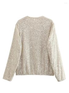 Women's Jackets Sexy Girls Fashion Club Style Beige Sequined Shiny Womens O-Neck Zipper Long Sleeve Casual Streetwear Outwear Femme