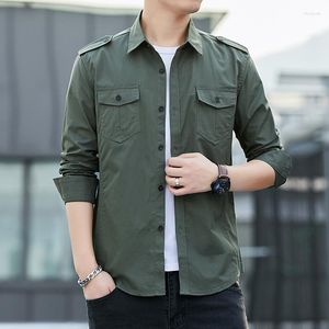 Men's Casual Shirts Pocket Summer Autumn Cargo Shirt Men Army Green Military 2023 Long Sleeve Lapel Camisa Masculina