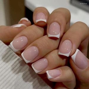 Unhas Postiças 24Pçs Nude Branco Francês Unhas Falsas Curto Pontas Quadradas Moda Utilizável Com Cola Cobertura Completa Simples Pressionar