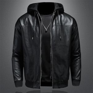 Men's Jackets High Quality Men's Leather Jackets Hoodie Thick Inner Zipper Fake Two Pieces Long Sleeve Hat Detachable Elastic Motorcycle Coat 230809