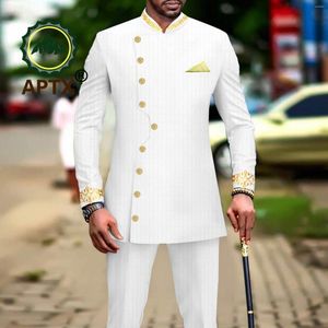 Tute da uomo Abiti africani da uomo Business Causale 2 pezzi Set Dashiki Bazin Riche Giacca bianca e pantaloni Abiti da cerimonia Matrimonio A2316052