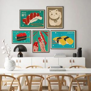 Japanische Retro -Food -Poster Sushi Ramen Drink Leinwand Malerei Wandbild süße Katzendrucke Restaurant Küche Esszimmer Dekoration No Frame Wo6