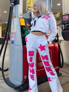 Womens Tracksuits Hoodie Pants Punk Flare Sweatpants Aesthetic Sweet Letter Cartoon Print Cute White Loose Drawcord High Waist Street suit 230809