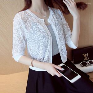 Women's Jackets Short Lace Cardigan Sweater Summer Three-Quarter Sleeve Slim Solid Color Low Round Neck Air Conditioning Shirt Jacket