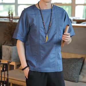 エスニック服の男性oneck夏のラミー半袖Tシャツタンスーツシニシズムパッチワークルーズメンズティーゼンレイマンカジュアルトップ