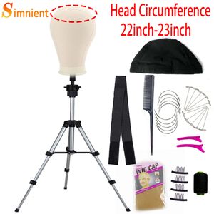 Wig Stand 22/23''Training Mannequin Head Canvas Head For Wigs Making Wig Hair Brush With T Pin Wig Install Kit Adjustable Tripod Wig Stand 230809