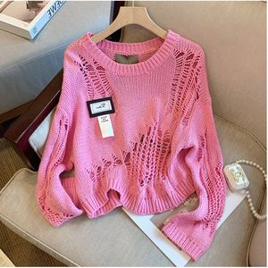 Women's Sweaters Deeptown Y2k Cropped Pink Ripped Sweater Women Vintage Net Knit Jumper Kpop Hollow Out Knitwear Korean Fashion Pullover Harajuku 230809