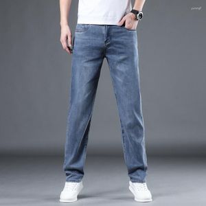 Jeans Masculino 2023 Verão Clássico Fino Elástico Ajuste Inteligente Casual Calça Jeans Cinza Azul Disponível em Dois Comprimentos