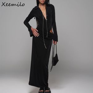 Two Piece Dress Xeemilo Black Sexy Night Club Women 2 Set Chic Poloneck Long Sleeve Bodysuit With Ruched Side Drawstring Skirts 230810