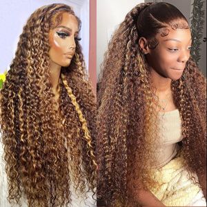 30 38 Inch Highlight Ombre Curly 13x4 Lace Front Human Hair Wigs Brazilian 250% Colored Deep Wave Frontal Wigs for Women