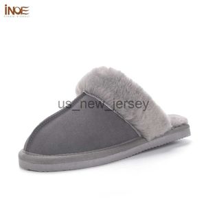Slippers INOE Cow Suede Leather Men Casual Winter Slippers Plush Fur Lined Half Home Shoes Warm Comfortable Leisure House Loafers Flats J230810