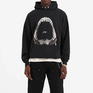 Erkekler artı beden hoodies sweatshirts 23FW İngiltere Köpekbalığı Nakışları Erkekler Vintage Pullover Hoodie Sonbahar Kış Kırış Sokak Giyim Kapüşonlu Sweatshirt