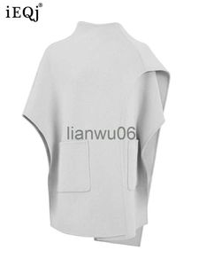 여자 재킷 IEQJ 불규칙한 스 플린트 풀오버 디자인 클로이크 울 코트 여성 하이 스트리트 느슨한 오버 코트 가을 2023 새로운 의류 3WQ7184 J230810