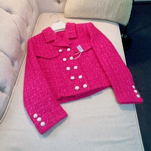 2023 Autumn Hot Pink Solid Color Tweed Jacket Long Sleeve Notched-Lapel Buttons Double-Breasted Jackets Coat Short Outwear A3G096569