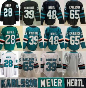 Özel San Jose''''Sharks''''Seve Retro 28 Timo Meier Forma Hokey 39 Logan Couture 48 Tomas Hertl 65 Erik Karlsson Yeşil Beyaz Siyah Gri Uzun Kollu Takım