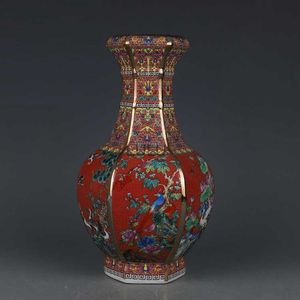 Qianlong emalia pomarańczowy kwiat i ptak sześciokątny wazon zabytkowy jingdezhen porcelanowy dom chiński dekoracja hkd230823